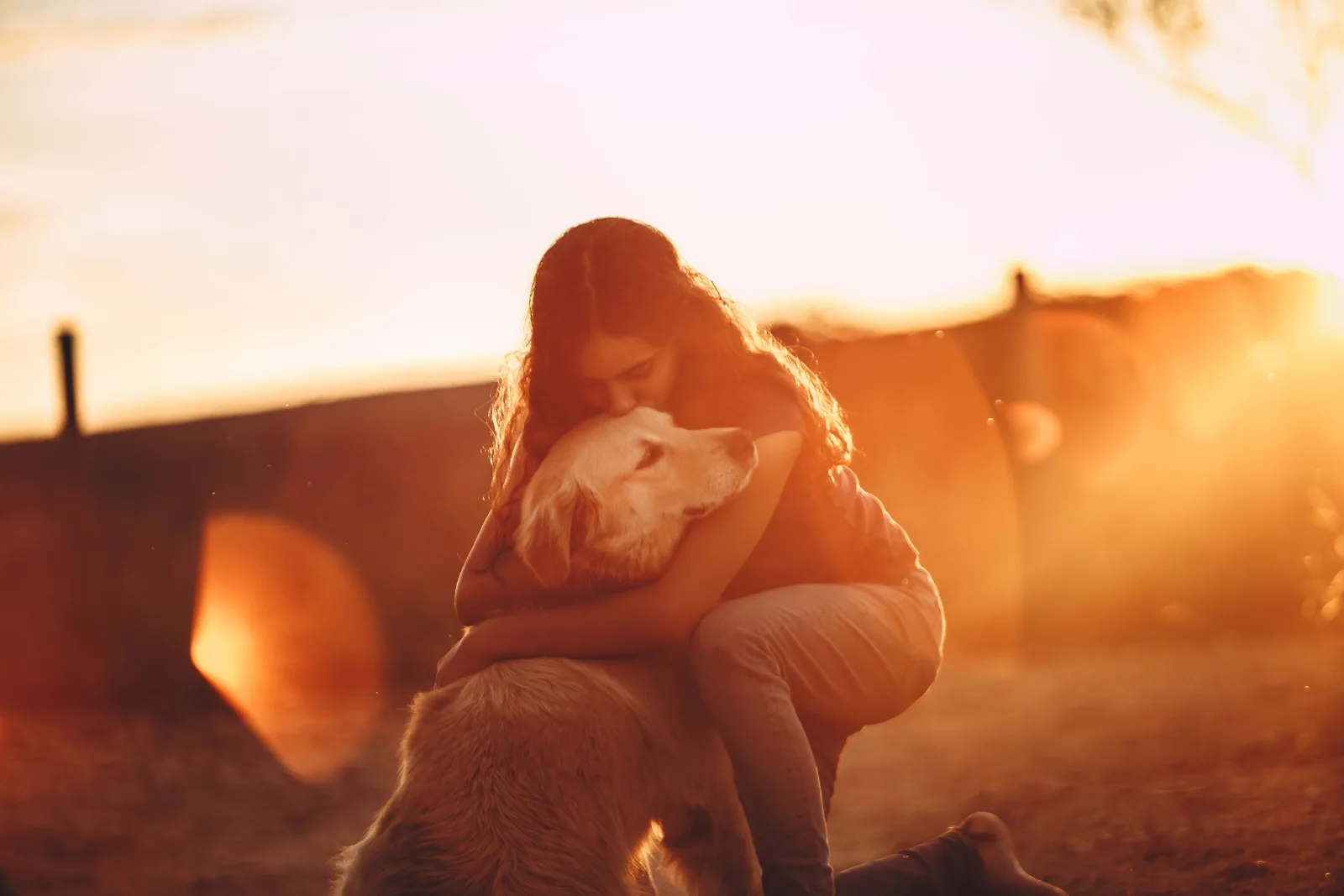 Un chien et son maître qui se câlinent
